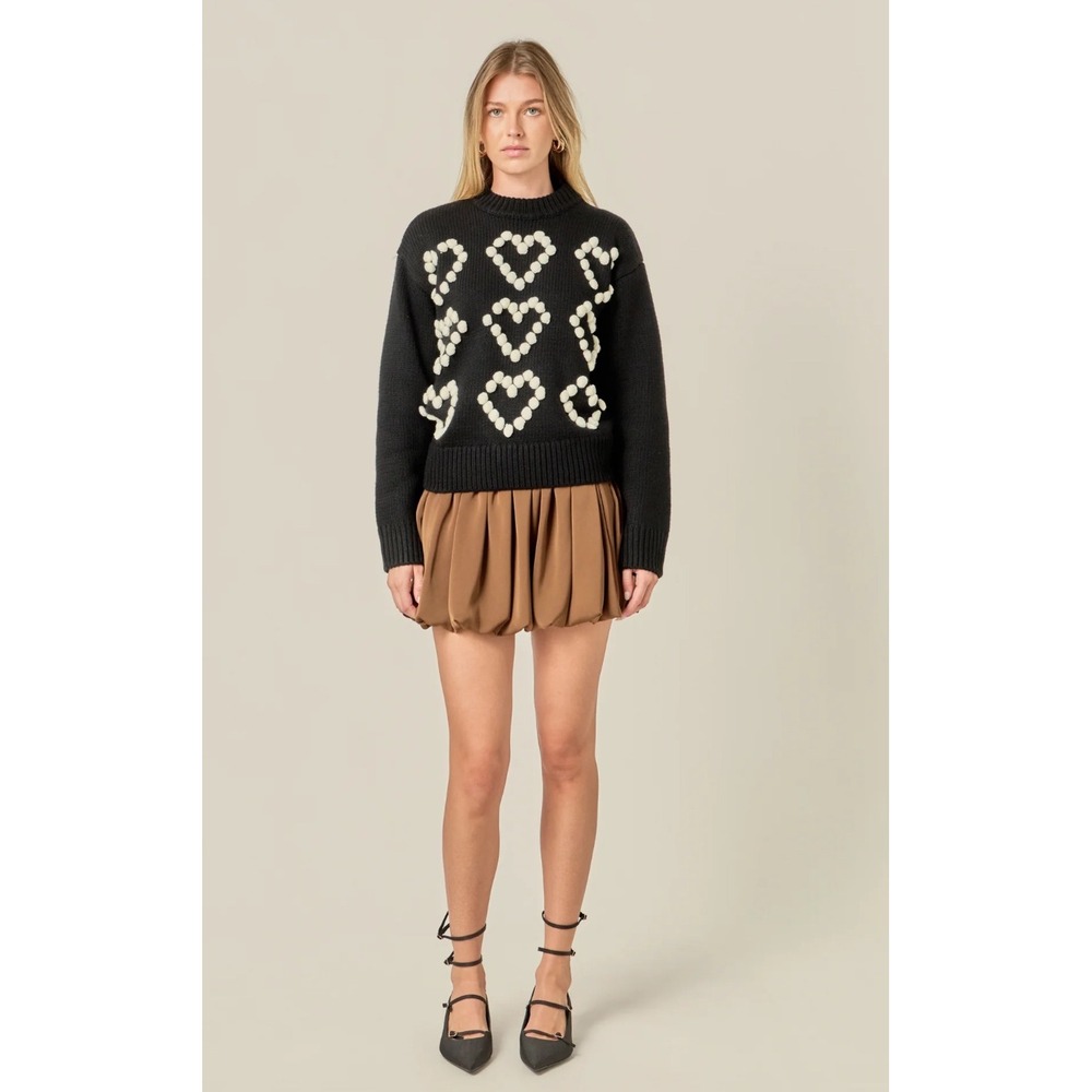 ENGLISH FACTORY Black Sweater Heart Applique Mock Neck Long Sleeve Women's Med